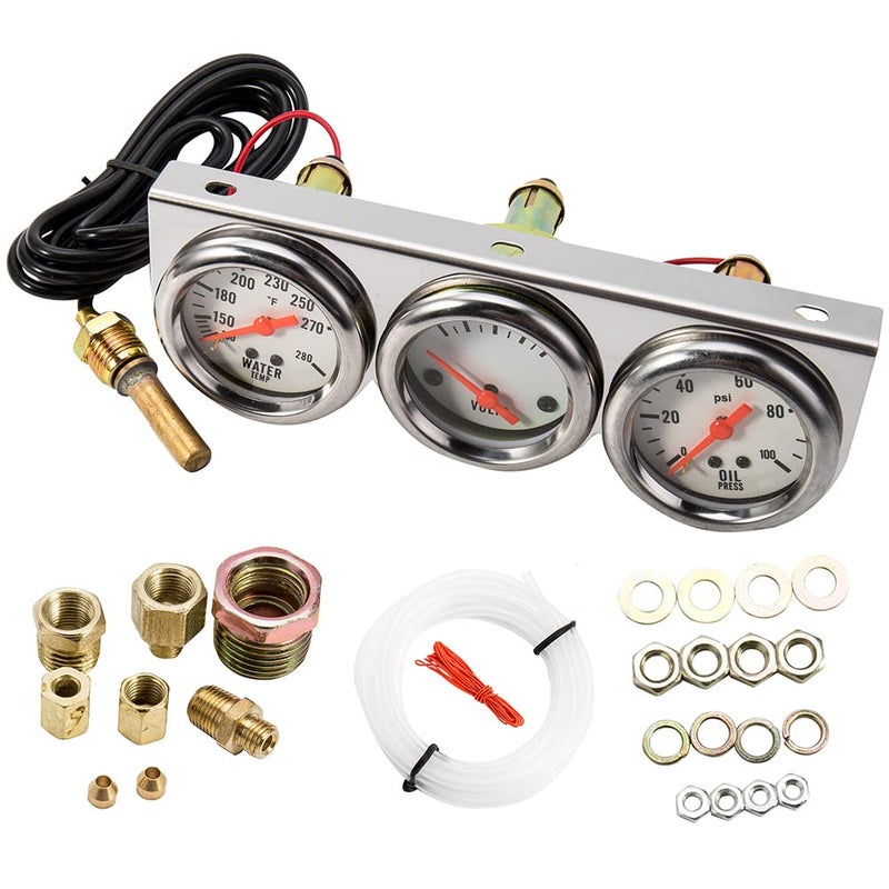 Abizarch Triple Gauge Kit, 3 in 1 Car Oil Volt Water Gauge, Chrome Housing, White Face, Red Needles, 51mm Size, 100-280F Water Temp, 8-16V Volts, 0-100psi Oil Pressure - Image 3